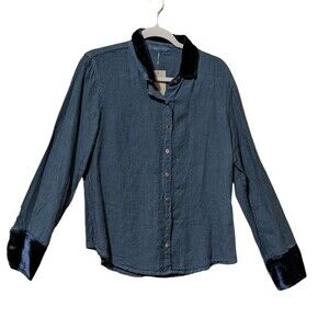 Cut Loose linen casual button front shirt velvet trim blue size XS